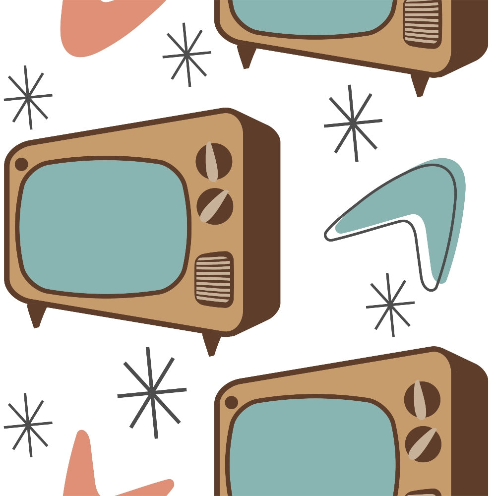 mid-century modern, retro television, vintage tv sets, teal blue, coral pink, beige tan, brown, starburst motifs, boomerang shapes, atomic age, 1950s style, geometric patterns, nostalgic design,, fabric panel, retro electronics, modernist aesthetic, minimalist illustration, repeating pattern