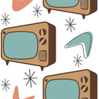 mid-century modern, retro television, vintage tv sets, teal blue, coral pink, beige tan, brown, starburst motifs, boomerang shapes, atomic age, 1950s style, geometric patterns, nostalgic design,, fabric panel, retro electronics, modernist aesthetic, minimalist illustration, repeating pattern