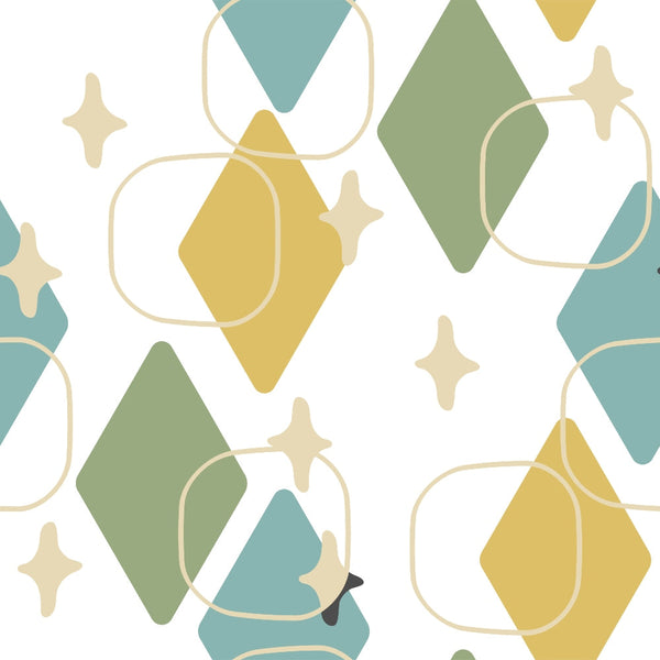 mid-century modern, geometric shapes, teal, sage green, mustard yellow, cream, beige, diamond patterns, triangular forms, circular motifs, star bursts, abstract design, retro style, vintage inspired, overlapping shapes, rounded rectangles,, fabric panel, contemporary patterns, minimalist aesthetic