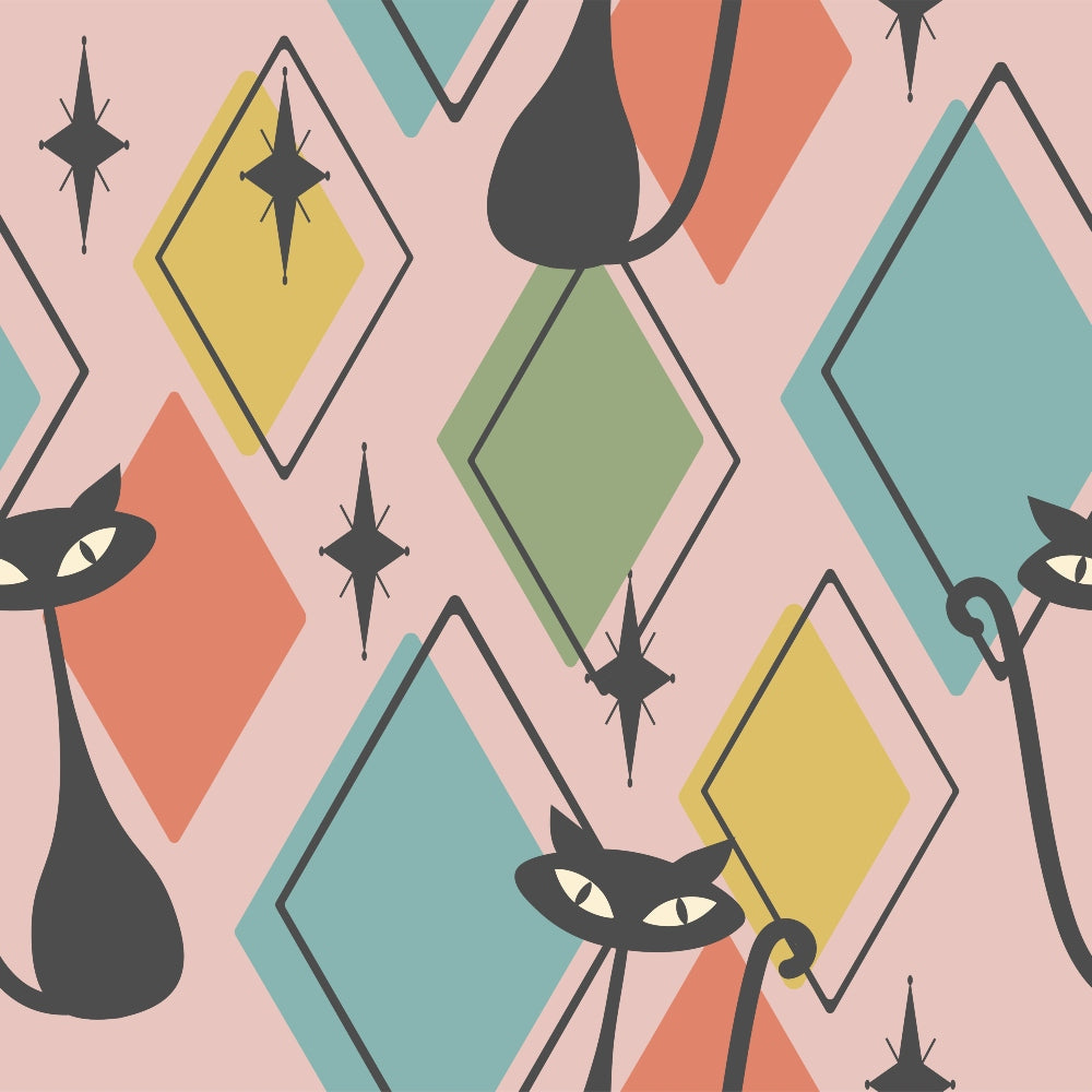 pink background, mid-century modern, atomic design, diamond shapes, geometric pattern, black cats, starburst motifs, coral orange, sage green, yellow gold, teal blue, retro style, 1950s inspired, atomic age, angular shapes, stylized cats, cotton fabric, quilting panel, modern pattern, vintage aesthetic