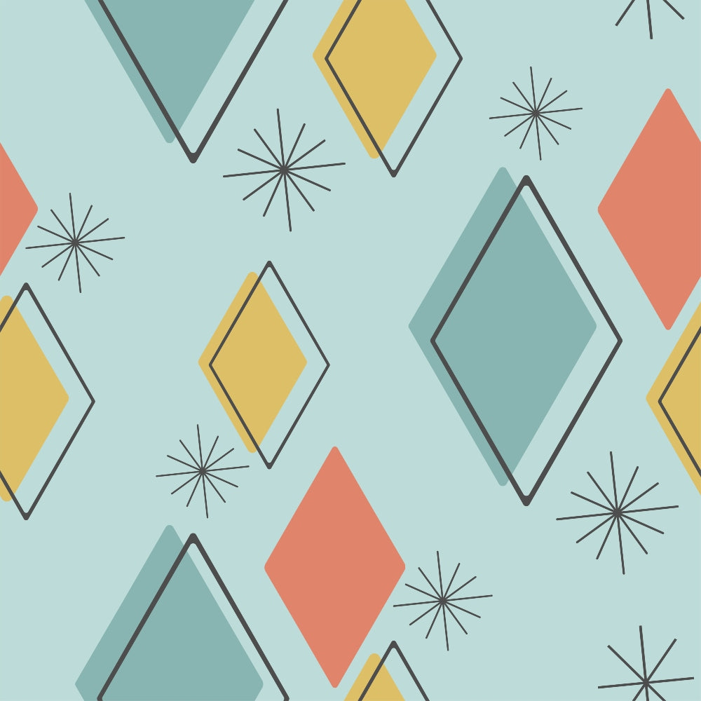 mint green, coral pink, mustard yellow, teal blue, diamond shapes, geometric pattern, starburst motifs, atomic design, retro style, mid-century modern,, fabric panel, vintage aesthetic, angular shapes, repeating pattern, 1950s inspired, atomic era, clean lines, minimalist design