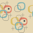 mid-century modern, atomic starburst, geometric shapes, retro pattern, coral pink, turquoise blue, mustard yellow, cream background, overlapping circles, rounded rectangles, abstract design,, fabric panel, 1950s style, boomerang shapes, starburst motifs, vintage inspired, modernist design, organic forms, retro color palette