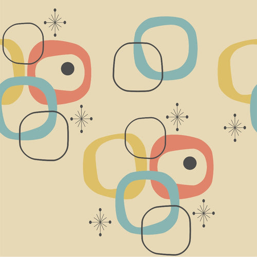 mid-century modern, atomic starburst, geometric shapes, retro pattern, coral pink, turquoise blue, mustard yellow, cream background, overlapping circles, rounded rectangles, abstract design,, fabric panel, 1950s style, boomerang shapes, starburst motifs, vintage inspired, modernist design, organic forms, retro color palette