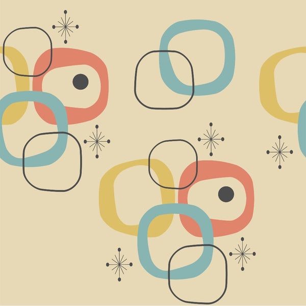 mid-century modern, atomic starburst, geometric shapes, retro pattern, coral pink, turquoise blue, mustard yellow, cream background, overlapping circles, rounded rectangles, abstract design,, fabric panel, 1950s style, boomerang shapes, starburst motifs, vintage inspired, modernist design, organic forms, retro color palette