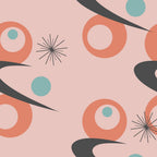 mid-century modern, atomic starburst, coral orange, sage green, dusty pink, charcoal gray, geometric circles, boomerang shapes, retro pattern, abstract design,, fabric panel, 1950s style, modernist motif, sunburst elements, organic shapes, contemporary quilting, pastel palette, vintage inspired, atomic era