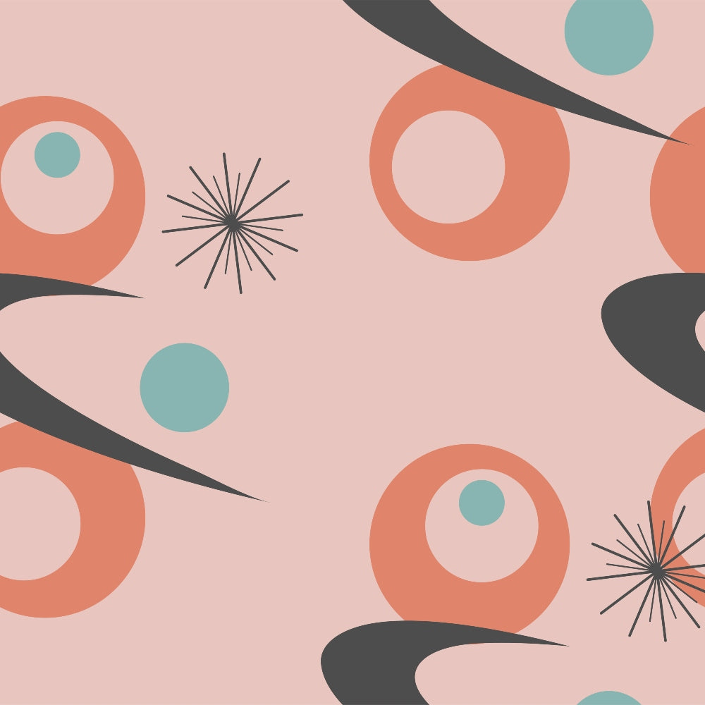 mid-century modern, atomic starburst, coral orange, sage green, dusty pink, charcoal gray, geometric circles, boomerang shapes, retro pattern, abstract design,, fabric panel, 1950s style, modernist motif, sunburst elements, organic shapes, contemporary quilting, pastel palette, vintage inspired, atomic era