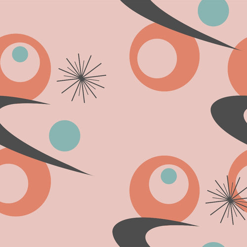 mid-century modern, atomic starburst, coral orange, sage green, dusty pink, charcoal gray, geometric circles, boomerang shapes, retro pattern, abstract design,, fabric panel, 1950s style, modernist motif, sunburst elements, organic shapes, contemporary quilting, pastel palette, vintage inspired, atomic era