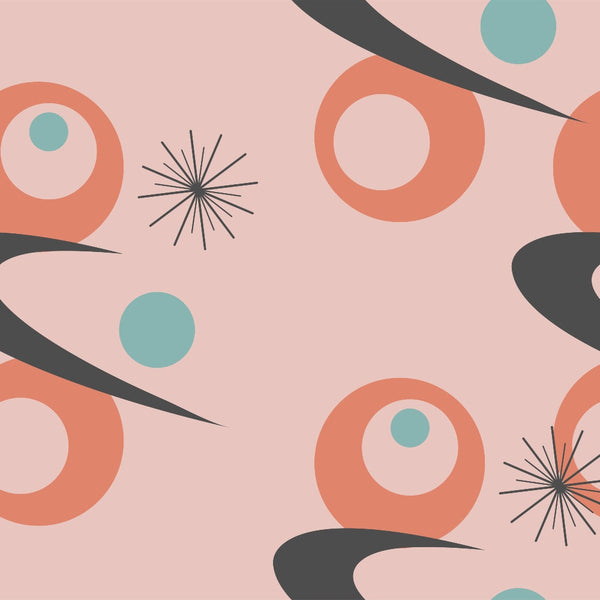 mid-century modern, atomic starburst, coral orange, sage green, dusty pink, charcoal gray, geometric circles, boomerang shapes, retro pattern, abstract design,, fabric panel, 1950s style, modernist motif, sunburst elements, organic shapes, contemporary quilting, pastel palette, vintage inspired, atomic era