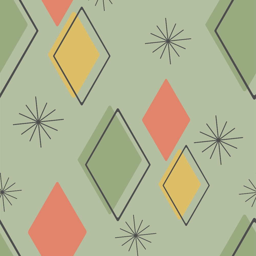sage green, coral pink, mustard yellow, diamond shapes, geometric pattern, starburst motifs, mid-century modern, retro style, atomic age, scattered design,, fabric panel, minimalist aesthetic, vintage inspired, angular shapes, repetitive pattern, soft palette, modern geometric, craft fabric, sewing material