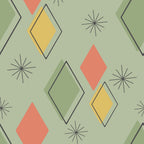 sage green, coral pink, mustard yellow, diamond shapes, geometric pattern, starburst motifs, mid-century modern, retro style, atomic age, scattered design,, fabric panel, minimalist aesthetic, vintage inspired, angular shapes, repetitive pattern, soft palette, modern geometric, craft fabric, sewing material