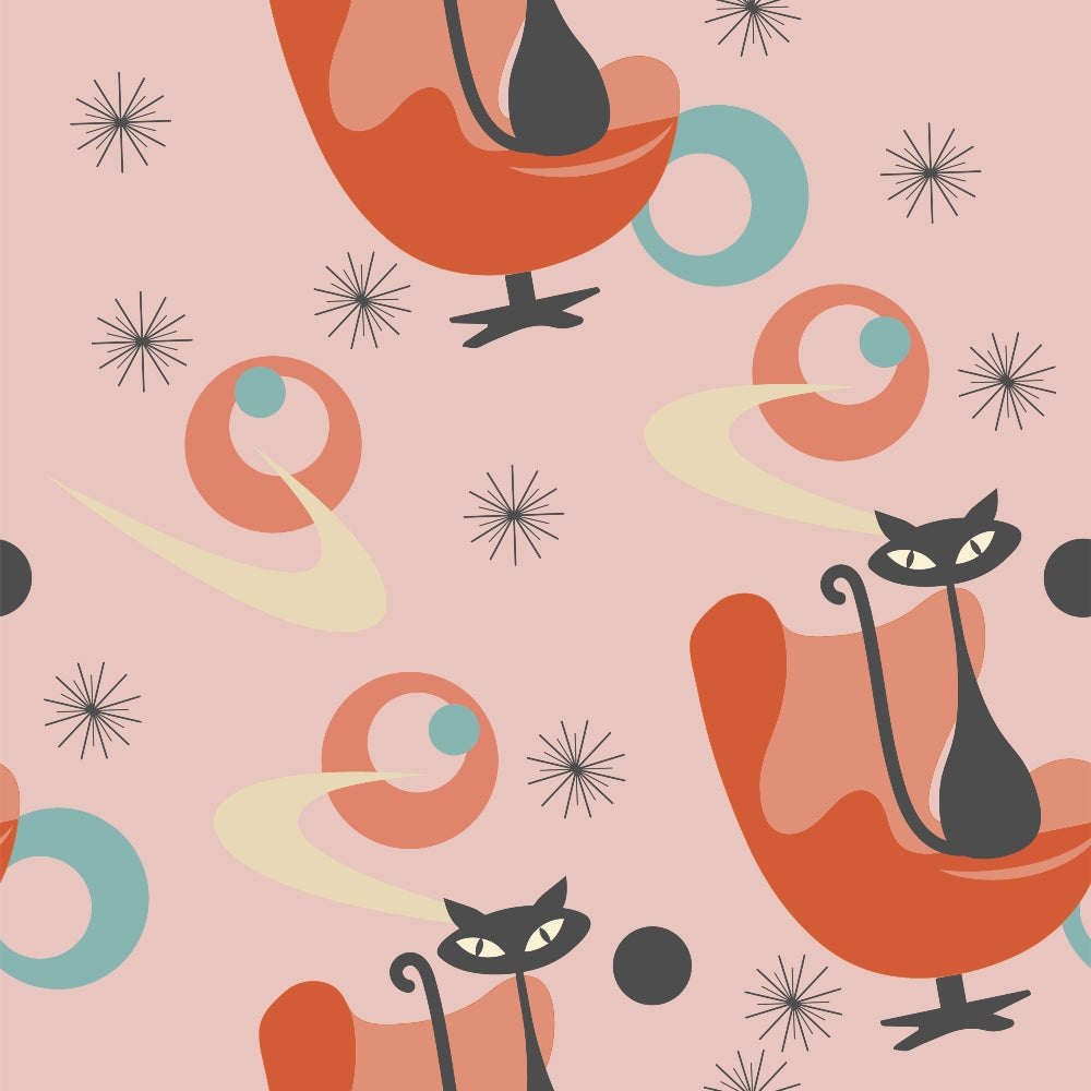 mid-century modern, retro style, pink background, coral orange, teal blue, black cats, atomic starbursts, boomerang shapes, circular motifs, geometric patterns, stylized animals, 1950s aesthetic, vintage design,, fabric panel, abstract shapes, modernist art, space age design, decorative elements, retro cats