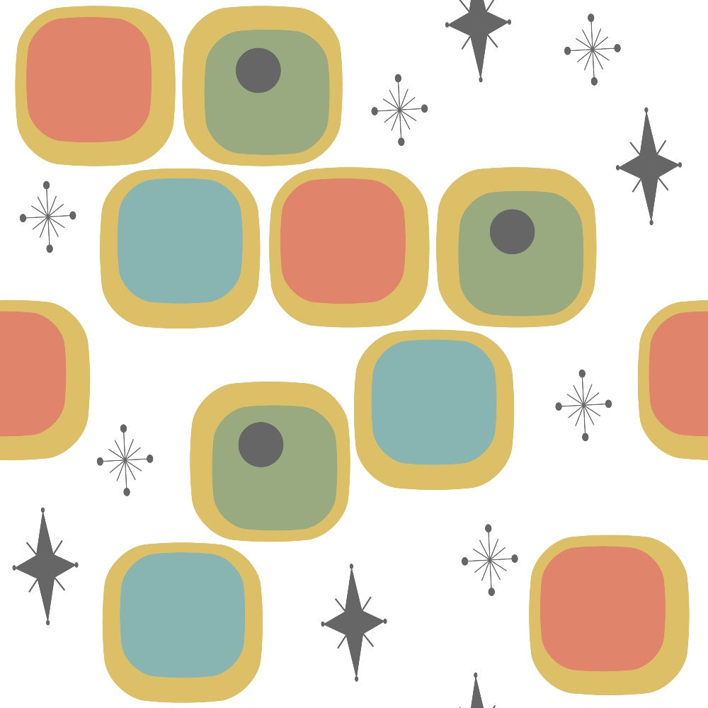 mid-century modern, atomic stars, starbursts, rounded squares, retro geometric, sage green, coral orange, teal blue, mustard yellow, charcoal gray, vintage style, 1950s design, abstract shapes, modernist pattern,, fabric panel, geometric motifs, contemporary design, atomic age, stylized stars
