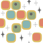 mid-century modern, atomic stars, starbursts, rounded squares, retro geometric, sage green, coral orange, teal blue, mustard yellow, charcoal gray, vintage style, 1950s design, abstract shapes, modernist pattern,, fabric panel, geometric motifs, contemporary design, atomic age, stylized stars