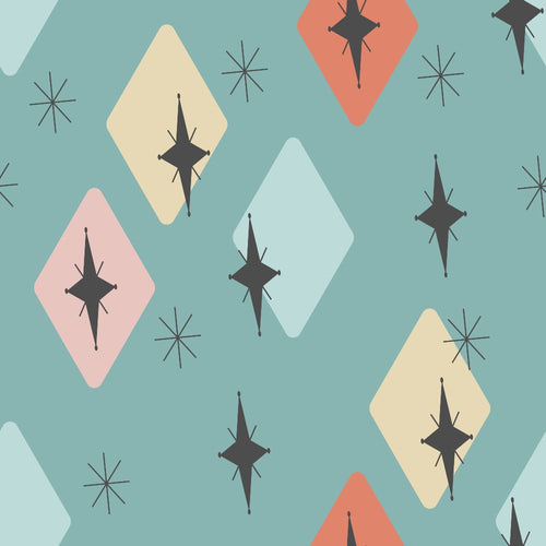 sage green, coral orange, pale pink, cream, diamond shapes, starburst motifs, atomic stars, geometric pattern, mid-century modern, retro design, 1950s style, angular shapes, scattered elements,, fabric panel, modernist aesthetic, space age, vintage inspired, repetitive pattern