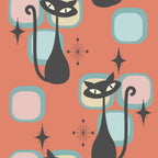 coral orange, turquoise blue, pink, cream, black cats, stylized cats, atomic starbursts, diamond stars, geometric shapes, rounded rectangles, mid-century modern, retro style, 1950s design, repeating pattern,, fabric panel, whimsical, playful design, vintage inspired, atomic age
