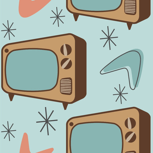 mid-century modern, retro televisions, vintage tvs, atomic starbursts, boomerang shapes, teal background, coral pink, tan brown, geometric pattern, 1950s style, nostalgic design, atomic age, space age motifs,, fabric panel, retro electronics, mid-mod aesthetic, starburst elements, vintage appliances
