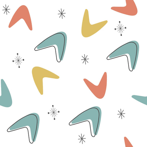 boomerang shapes, atomic starbursts, coral pink, sage green, mustard yellow, teal blue, mid-century modern, geometric pattern, retro design, abstract shapes,, fabric panel, 1950s style, modernist aesthetic, scattered motifs, organic forms, vintage inspired, contemporary fabric, craft material, atomic age