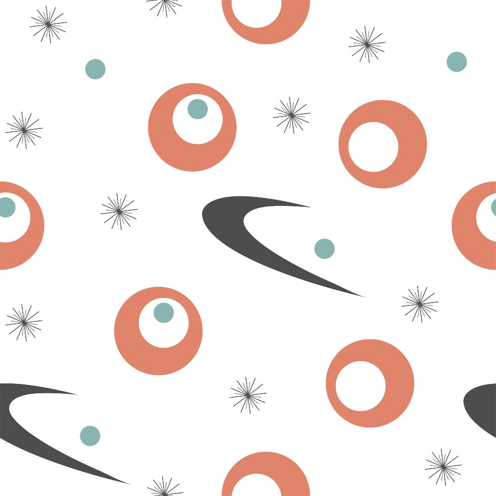 coral, teal, white, charcoal gray, mid-century modern, atomic age, boomerang shapes, starburst motifs, circles, dots, geometric pattern, retro design, 1950s style, space age,, fabric panel, abstract shapes, modernist, vintage inspired, contemporary quilting
