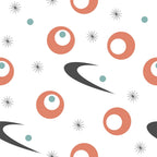 coral, teal, white, charcoal gray, mid-century modern, atomic age, boomerang shapes, starburst motifs, circles, dots, geometric pattern, retro design, 1950s style, space age,, fabric panel, abstract shapes, modernist, vintage inspired, contemporary quilting