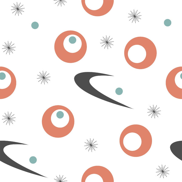 coral, teal, white, charcoal gray, mid-century modern, atomic age, boomerang shapes, starburst motifs, circles, dots, geometric pattern, retro design, 1950s style, space age,, fabric panel, abstract shapes, modernist, vintage inspired, contemporary quilting