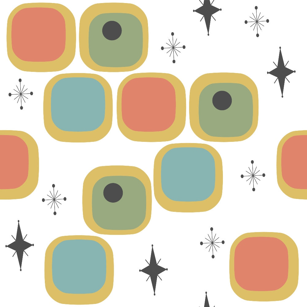mid-century modern, retro pattern, geometric shapes, rounded squares, coral pink, sage green, teal blue, mustard yellow, starburst motifs, atomic era, vintage style, scattered dots, minimalist design,, fabric panel, 1950s inspired, abstract geometric, starbursts, circular elements, contemporary quilting