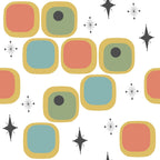 mid-century modern, retro pattern, geometric shapes, rounded squares, coral pink, sage green, teal blue, mustard yellow, starburst motifs, atomic era, vintage style, scattered dots, minimalist design,, fabric panel, 1950s inspired, abstract geometric, starbursts, circular elements, contemporary quilting