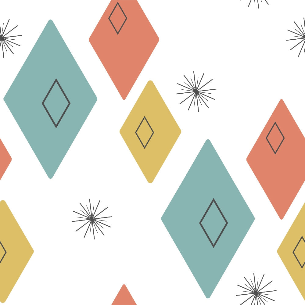 mid-century modern, geometric pattern, diamond shapes, coral orange, sage green, mustard yellow, starburst motifs, atomic design, retro style,, fabric panel, minimalist design, vintage inspired, sunburst elements, clean lines, modern geometric, repetitive pattern, contemporary quilting