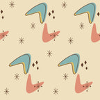 mid-century modern, boomerang shapes, atomic starburst, retro pattern, teal blue, coral pink, cream background, geometric design, 1950s style, abstract shapes, diamond accents, vintage atomic, modernist motifs,, fabric panel, repeating pattern, space age design, minimalist aesthetic