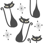 mid-century modern, atomic starbursts, stylized cats, black silhouettes, cream background, geometric shapes, retro design, minimalist art, sleek lines, elongated forms, decorative elements,, fabric panel, 1950s style, abstract cats, starburst motifs, contemporary pattern, monochromatic design, angular shapes, modernist aesthetic