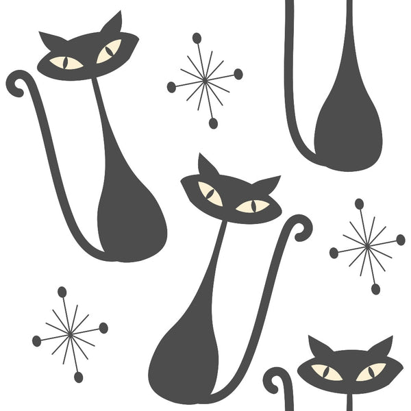 mid-century modern, atomic starbursts, stylized cats, black silhouettes, cream background, geometric shapes, retro design, minimalist art, sleek lines, elongated forms, decorative elements,, fabric panel, 1950s style, abstract cats, starburst motifs, contemporary pattern, monochromatic design, angular shapes, modernist aesthetic