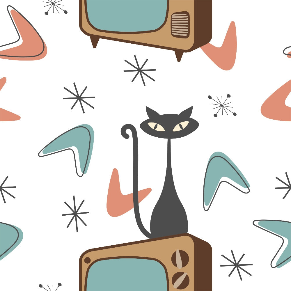 mid-century modern, retro television, black cat, atomic starbursts, boomerang shapes, coral pink, teal blue, brown, vintage tv set, 1950s style, geometric patterns,, fabric panel, atomic age, sleek cat silhouette, starburst motifs, retro electronics, minimalist design, vintage appliances, modern abstract