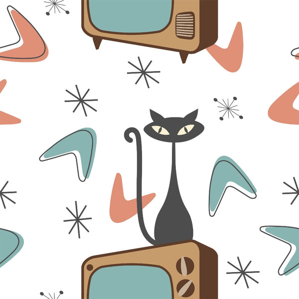 mid-century modern, retro television, black cat, atomic starbursts, boomerang shapes, coral pink, teal blue, brown, vintage tv set, 1950s style, geometric patterns,, fabric panel, atomic age, sleek cat silhouette, starburst motifs, retro electronics, minimalist design, vintage appliances, modern abstract