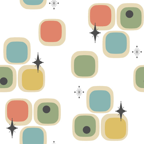 mid-century modern, atomic starburst, rounded squares, geometric shapes, coral orange, sage green, teal blue, mustard yellow, retro pattern, vintage style,, fabric panel, 1950s design, minimalist, scattered motifs, organic shapes, small black dots, eight-pointed stars, muted pastels, cream background