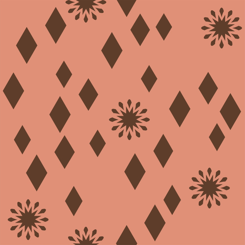 coral pink, salmon, dark brown, geometric shapes, diamond pattern, starburst motifs, sunburst design, mid-century modern, retro style, atomic age, scattered pattern,, fabric panel, vintage inspired, 1950s aesthetic, minimalist design, repeating motifs, warm tones, geometric florals, contemporary quilting