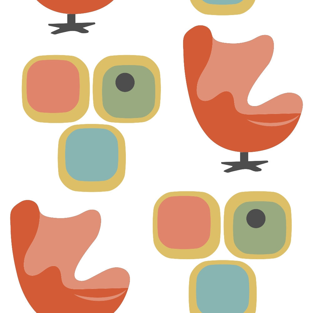 orange, coral, teal, sage green, mustard yellow, geometric shapes, rounded squares, mid-century modern, swivel chairs, furniture motifs, atomic age, retro design, vintage style,, fabric panel, modernist aesthetic, 1950s inspired, abstract forms, organic shapes, stylized furniture