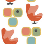 orange, coral, teal, sage green, mustard yellow, geometric shapes, rounded squares, mid-century modern, swivel chairs, furniture motifs, atomic age, retro design, vintage style,, fabric panel, modernist aesthetic, 1950s inspired, abstract forms, organic shapes, stylized furniture