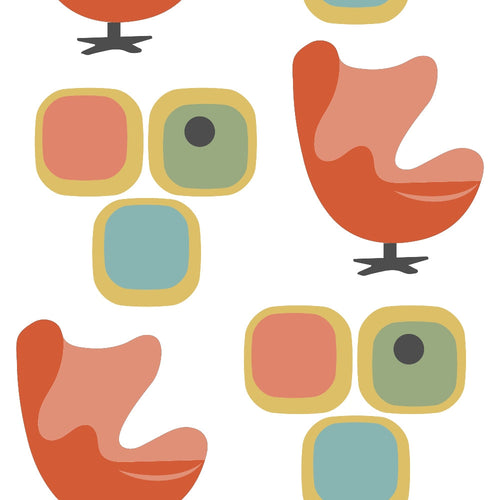 orange, coral, teal, sage green, mustard yellow, geometric shapes, rounded squares, mid-century modern, swivel chairs, furniture motifs, atomic age, retro design, vintage style,, fabric panel, modernist aesthetic, 1950s inspired, abstract forms, organic shapes, stylized furniture
