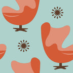 turquoise, coral orange, salmon pink, brown, mid-century modern, atomic starburst, swivel chairs, furniture motifs, geometric shapes, retro design, 1950s style, modernist aesthetic,, fabric panel, vintage inspired, stylized furniture, sunburst pattern, contemporary design, decorative motifs