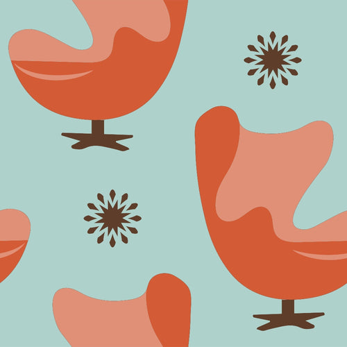 turquoise, coral orange, salmon pink, brown, mid-century modern, atomic starburst, swivel chairs, furniture motifs, geometric shapes, retro design, 1950s style, modernist aesthetic,, fabric panel, vintage inspired, stylized furniture, sunburst pattern, contemporary design, decorative motifs