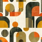 orange, mustard yellow, forest green, olive green, cream, beige, geometric shapes, circles, rectangles, arches, mid-century modern, retro style, abstract design, overlapping forms, textured finish,, fabric panel, vintage inspired, modernist, earthy tones, autumn colors