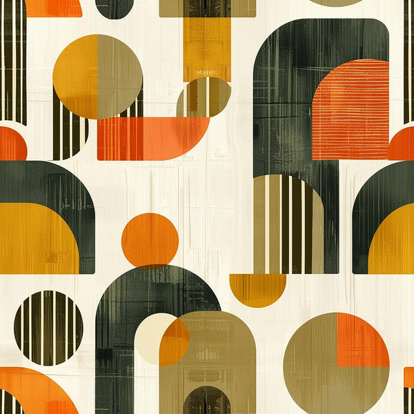 orange, mustard yellow, forest green, olive green, cream, beige, geometric shapes, circles, rectangles, arches, mid-century modern, retro style, abstract design, overlapping forms, textured finish,, fabric panel, vintage inspired, modernist, earthy tones, autumn colors