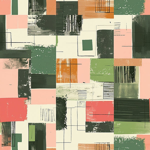 sage green, coral pink, cream, orange, abstract geometric, brushstrokes, textured blocks, mid-century modern, retro style, artistic patches,, fabric panel, contemporary design, painterly effect, color blocking, modern abstract, rectangular shapes, layered composition, artistic expression
