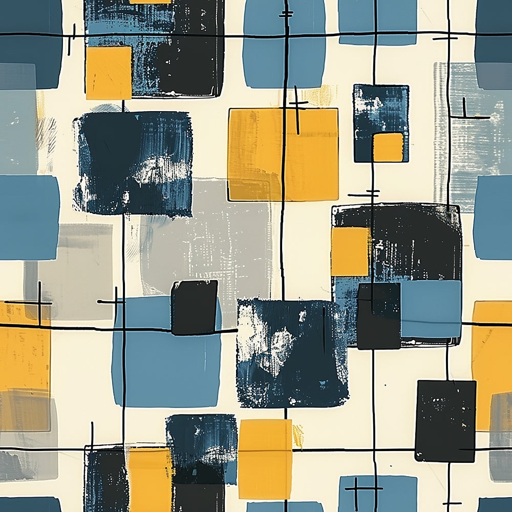 mid-century modern, abstract geometric, mustard yellow, navy blue, slate blue, cream beige, charcoal gray, rectangular shapes, brushed texture, overlapping forms, grid lines, contemporary art, modernist style,, fabric panel, artistic blocks, painted effect, minimalist design, cool tones, warm accents