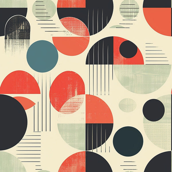 coral orange, teal blue, navy blue, sage green, cream background, geometric circles, mid-century modern, abstract pattern, retro style, horizontal lines, vertical stripes, overlapping shapes, modernist design, atomic era,, fabric panel, textured appearance, contemporary art, minimalist aesthetic, circular motifs