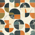 orange, teal, olive green, cream, beige, geometric circles, half circles, striped patterns, grid patterns, textured effects, mid-century modern, retro style, abstract design, vintage aesthetic,, fabric panel, earthy tones, minimalist, contemporary, repetitive motifs