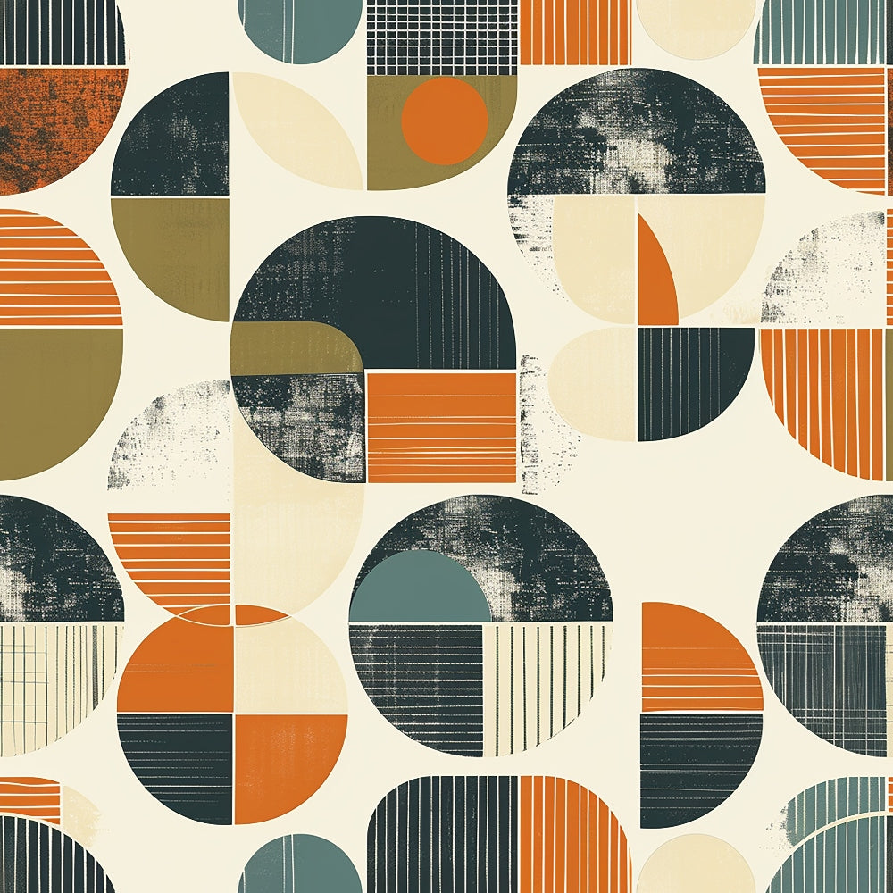 orange, teal, olive green, cream, beige, geometric circles, half circles, striped patterns, grid patterns, textured effects, mid-century modern, retro style, abstract design, vintage aesthetic,, fabric panel, earthy tones, minimalist, contemporary, repetitive motifs