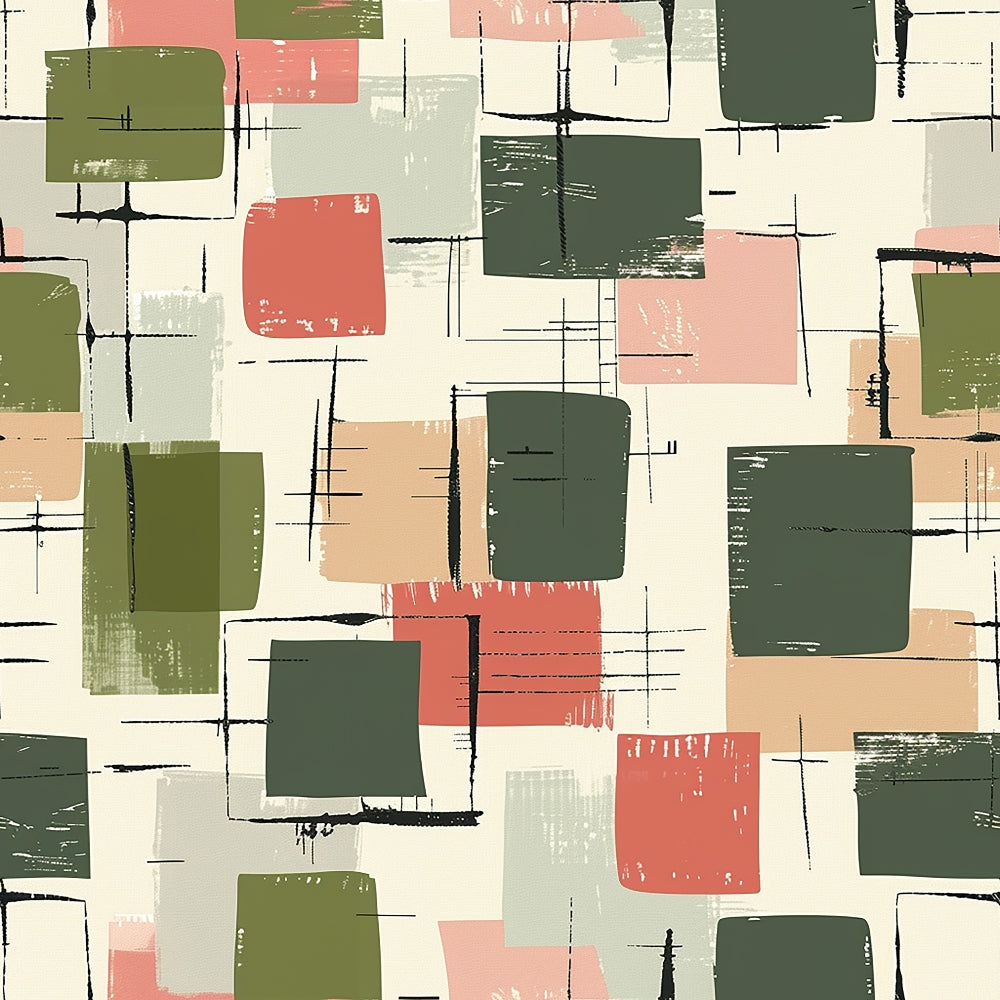 mid-century modern, abstract geometric, olive green, coral pink, sage green, cream beige, charcoal black, overlapping squares, brushed texture, retro pattern,, fabric panel, atomic age, modernist design, scattered rectangles, painterly finish, vintage inspired, geometric blocks, muted earth tones, contemporary abstract