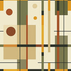 geometric shapes, mid-century modern, abstract design, earth tones, olive green, burnt orange, rust red, cream beige, mustard yellow, rectangular blocks, circular elements, overlapping forms, retro style, modernist aesthetic,, fabric panel, contemporary art, layered composition, warm palette, minimalist forms