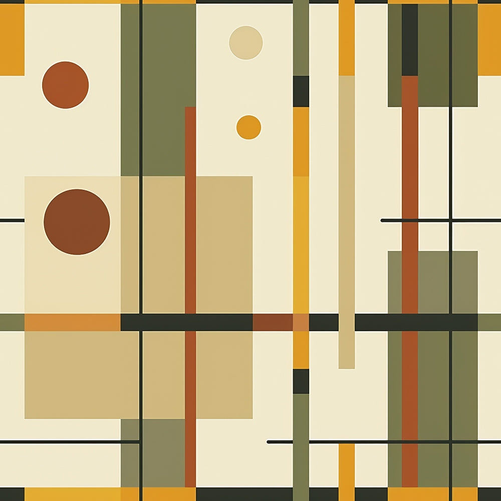 geometric shapes, mid-century modern, abstract design, earth tones, olive green, burnt orange, rust red, cream beige, mustard yellow, rectangular blocks, circular elements, overlapping forms, retro style, modernist aesthetic,, fabric panel, contemporary art, layered composition, warm palette, minimalist forms