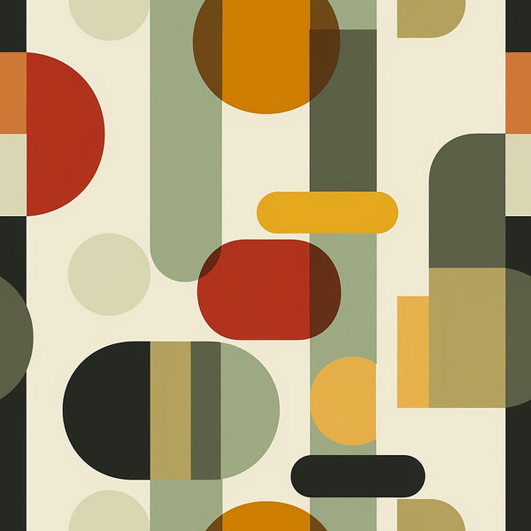 mid-century modern, geometric shapes, abstract design, retro pattern, sage green, burnt orange, terracotta red, mustard yellow, olive green, cream background, overlapping circles, rounded rectangles, modernist style, vintage inspired, earthy tones,, fabric panel, minimalist aesthetic, 1960s style, organic shapes